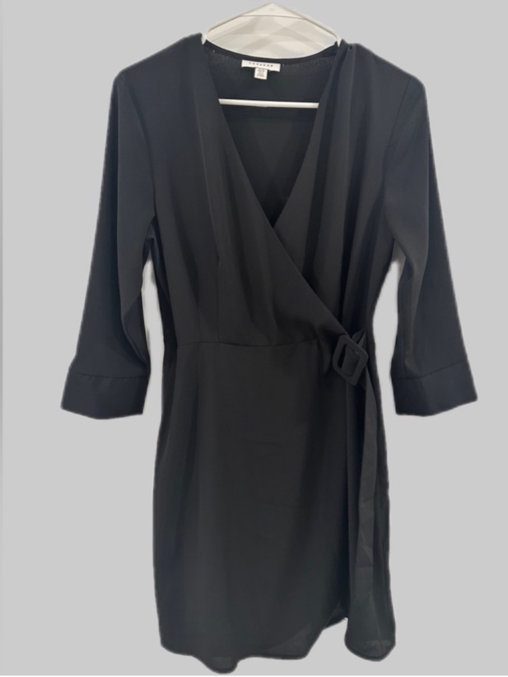 Women’s Black Topshop buckled wrap dress with a V-neckline & 3/4 length sleeves